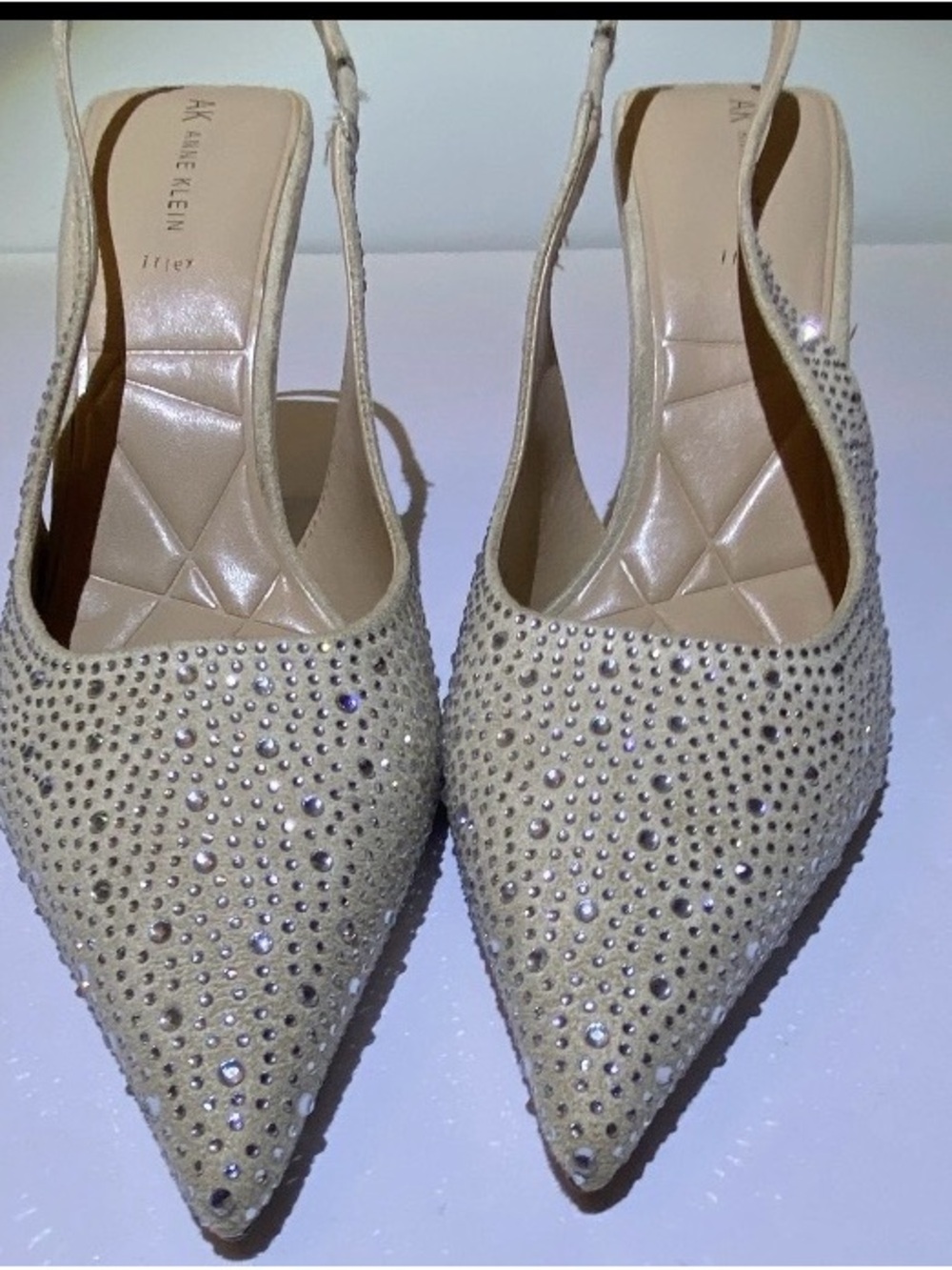 Anne Klein Crystal-Embellished Beige Slingback Heels